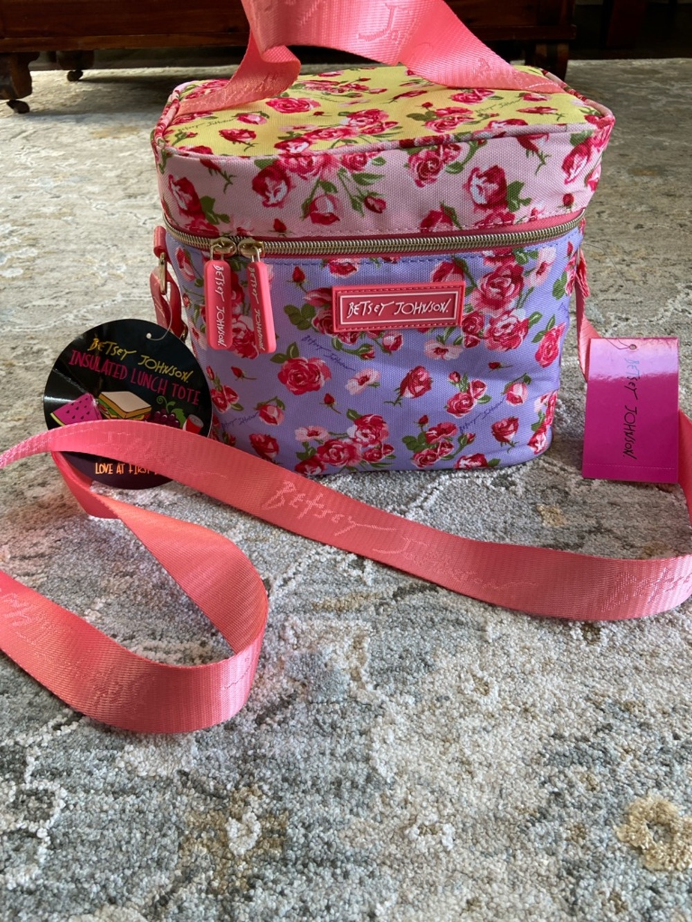 Betsey Johnson Pink and Lavender Floral Insulated Lunch Bag